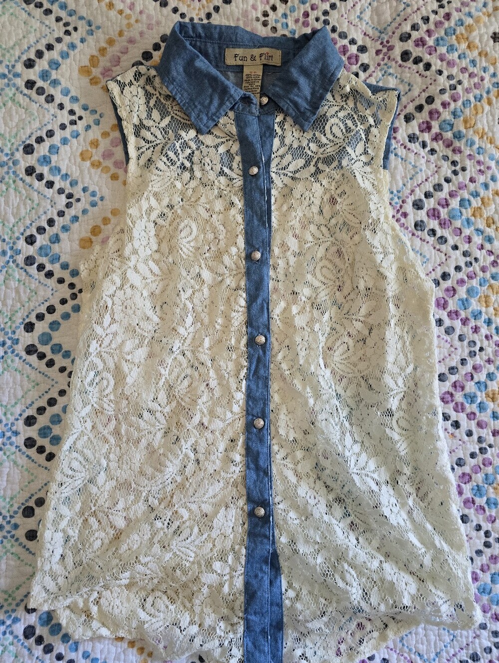 Fun & Flirt Denim And Lace Sleeveless Blouse